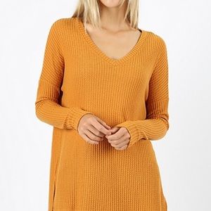 PLUS BRUSHED THERMAL WAFFLE V-NECK SWEATER- DESERT MUSTARD 1X, 2X, 3X